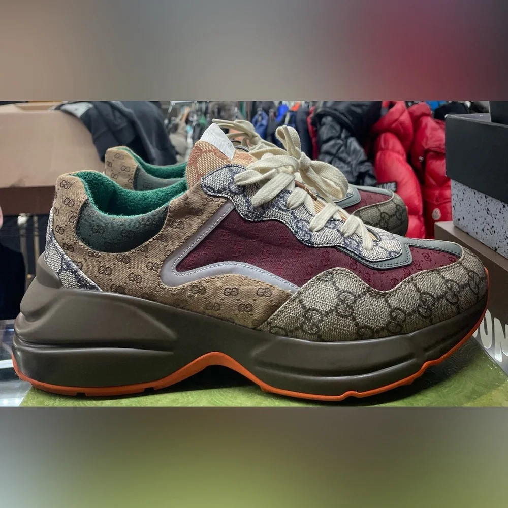 Gucci Brown Monogram Burgundy Green Accent Sneakers